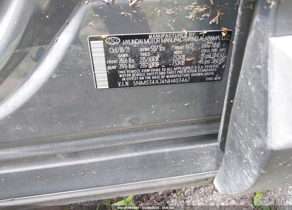 2022 HYUNDAI SANTA FE VIN: 5NMS34AJ4NH403467