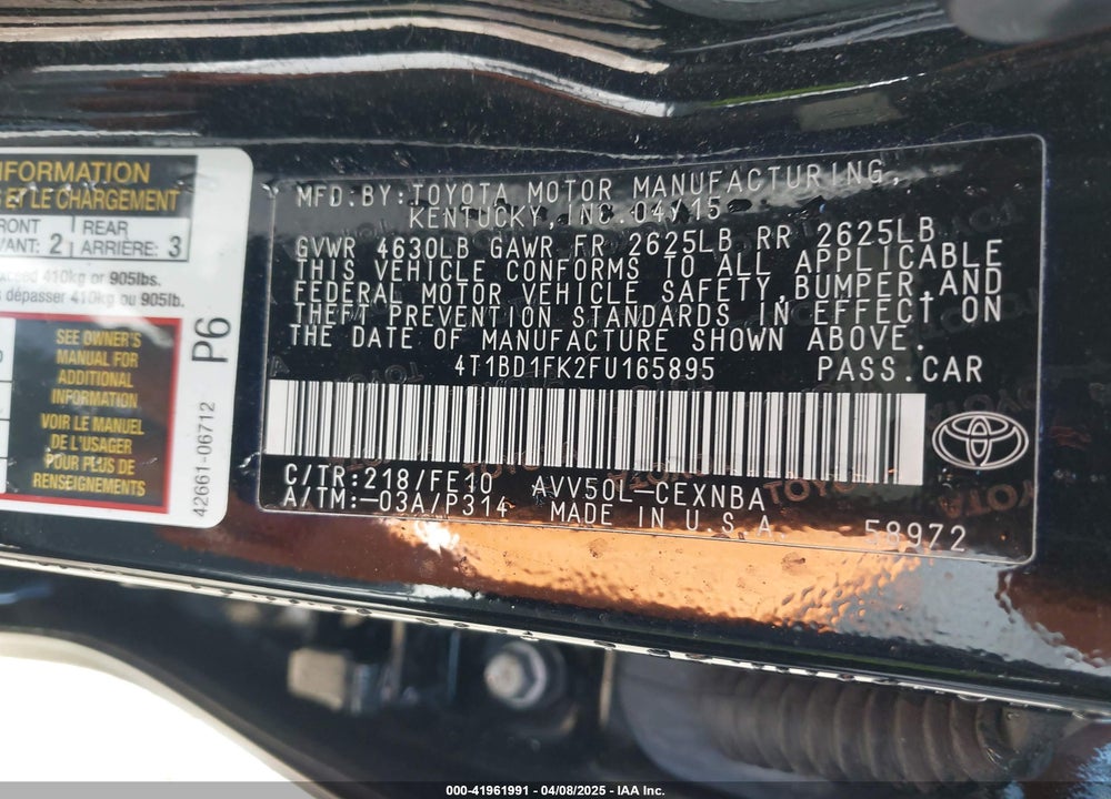 2015 TOYOTA CAMRY HYBRID VIN: 4T1BD1FK2FU165895