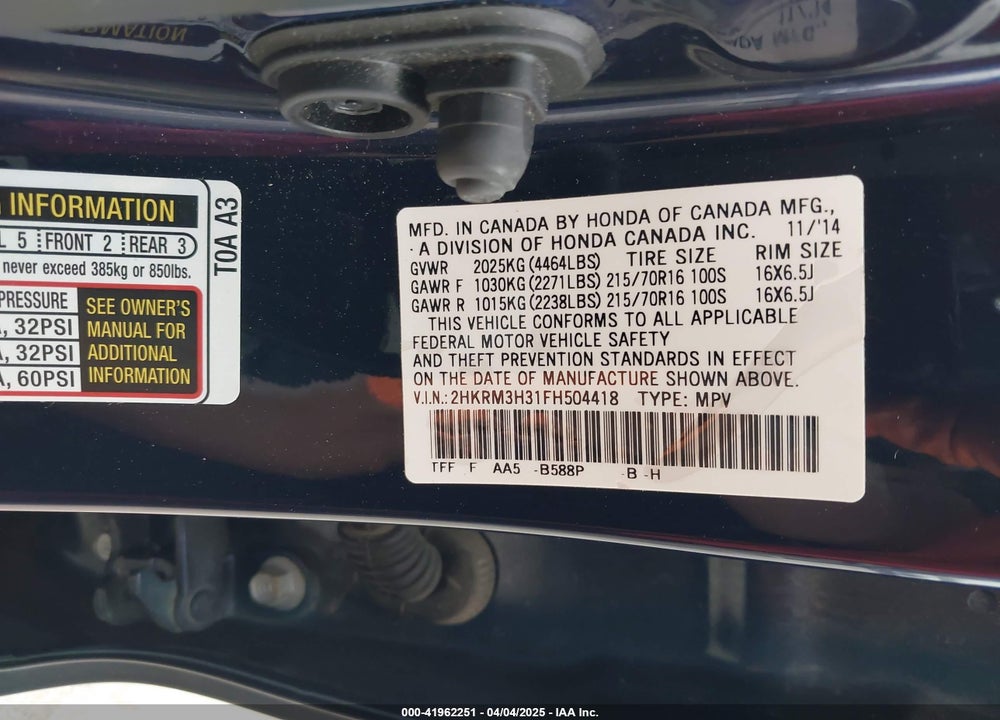 2015 HONDA CR-V LX VIN: 2HKRM3H31FH504418