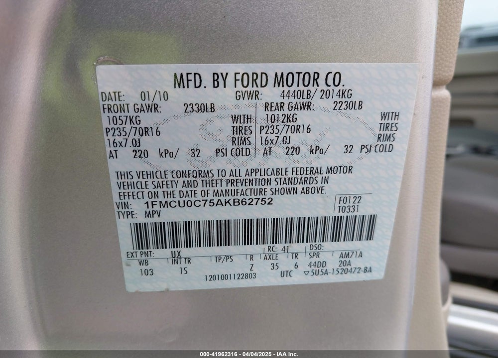2010 FORD ESCAPE VIN: 1FMCU0C75AKB62752