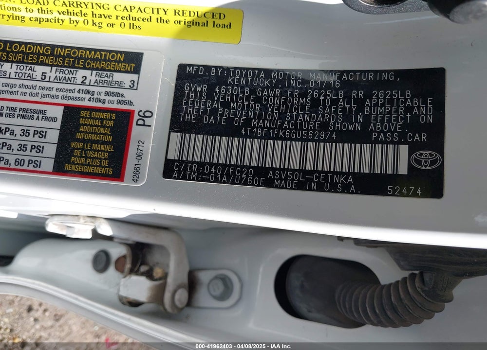 2016 TOYOTA CAMRY VIN: 4T1BF1FK6GU562974