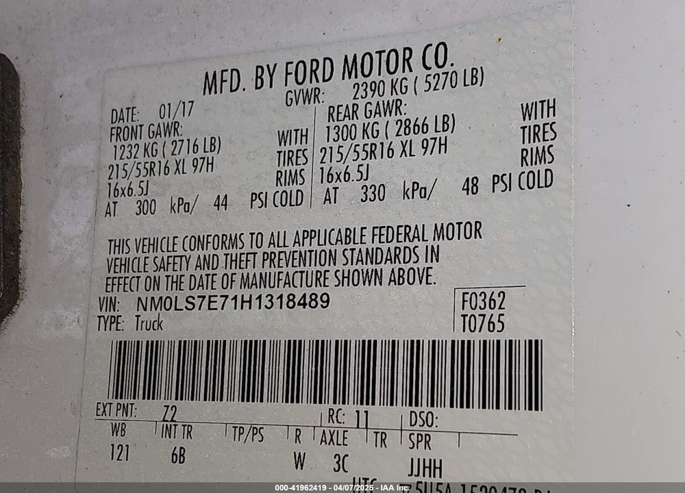 2017 FORD TRANSIT CONNECT XL VIN: NM0LS7E71H1318489