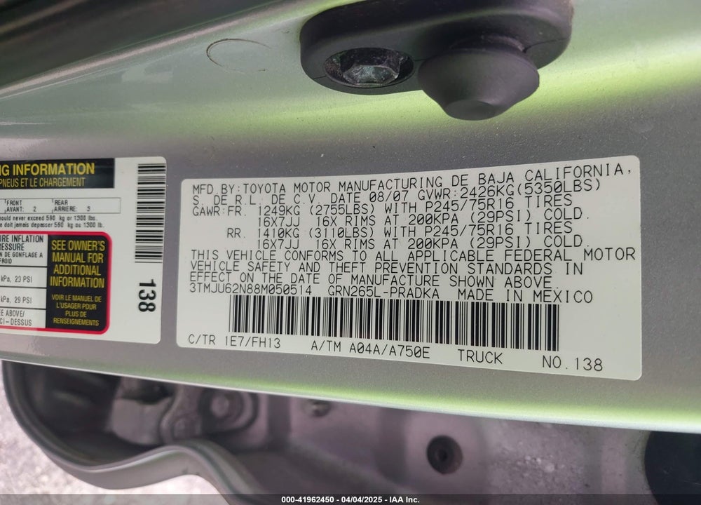 2008 TOYOTA TACOMA VIN: 3TMJU62N88M050514