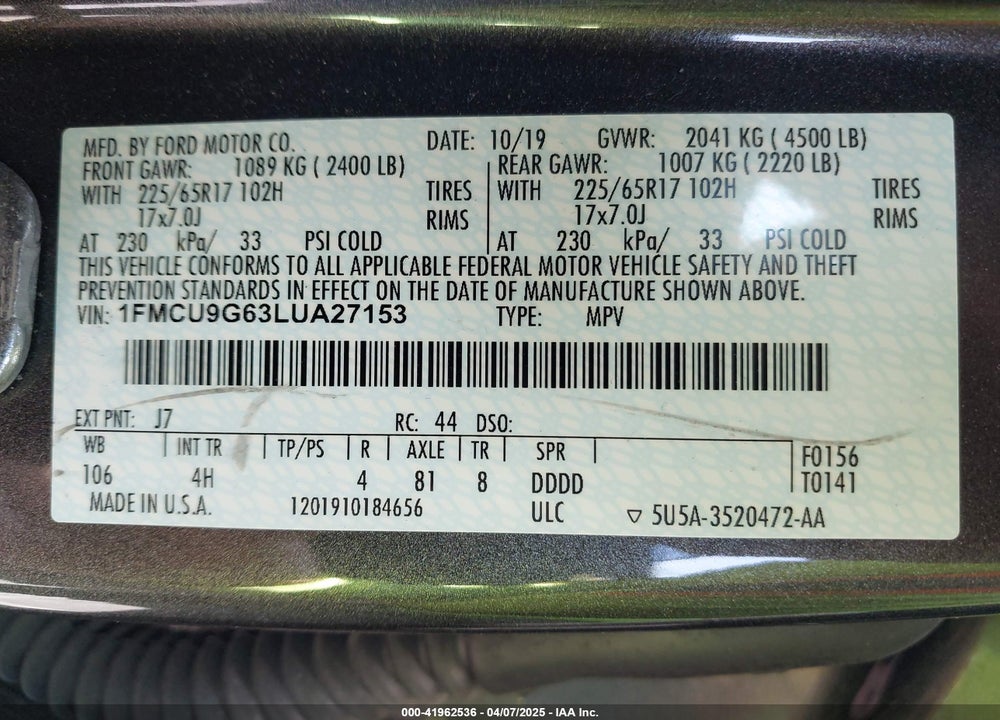2020 FORD ESCAPE VIN: 1FMCU9G63LUA27153