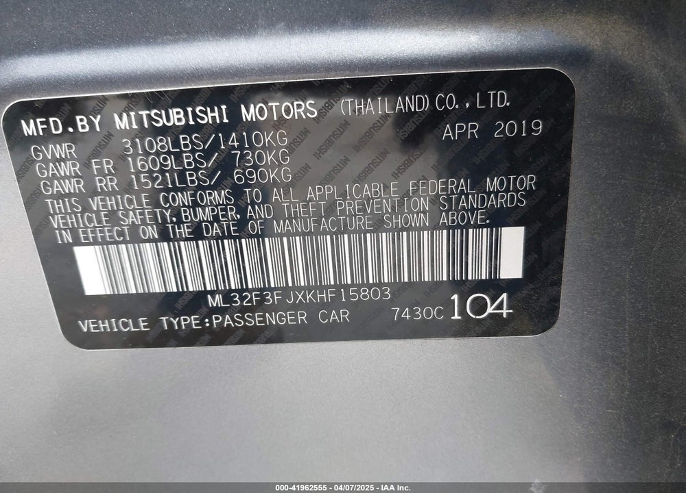 2019 MITSUBISHI MIRAGE G4 ES VIN: ML32F3FJXKHF15803