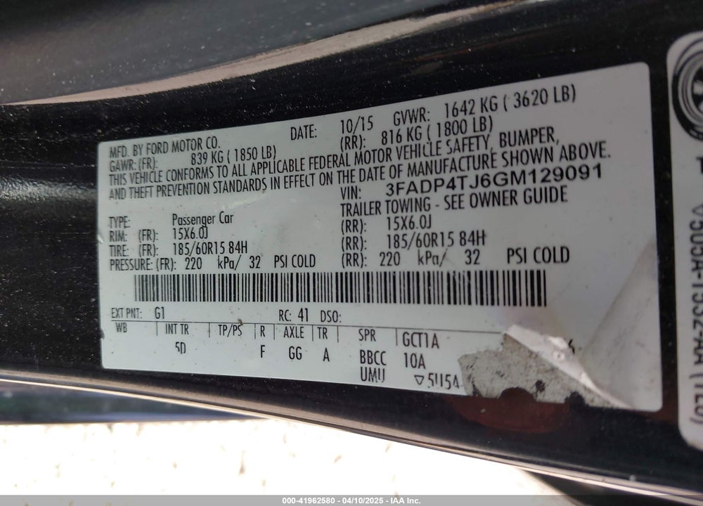 2016 FORD FIESTA VIN: 3FADP4TJ6GM129091