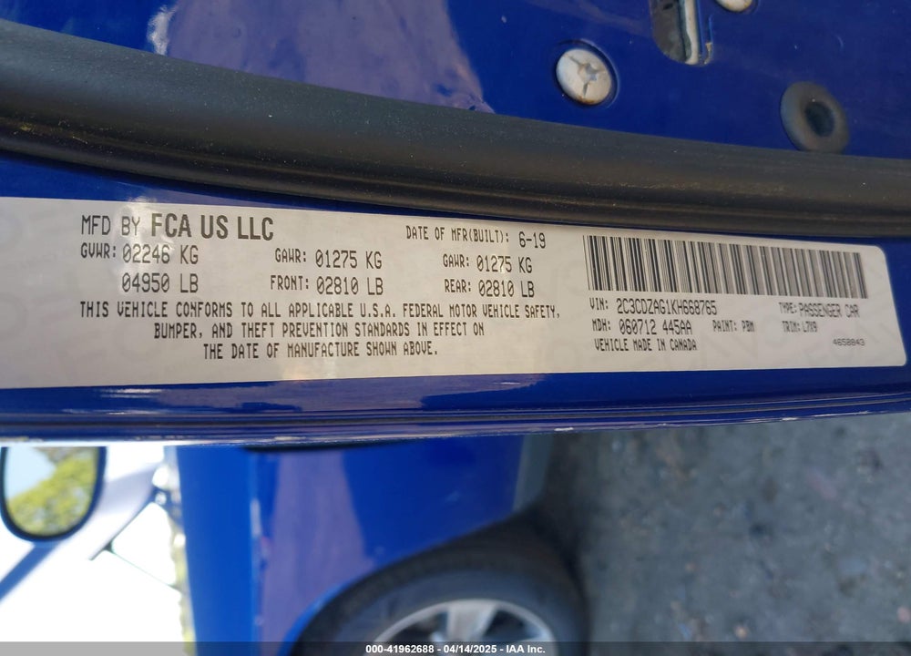 2019 DODGE CHALLENGER SXT VIN: 2C3CDZAG1KH668765