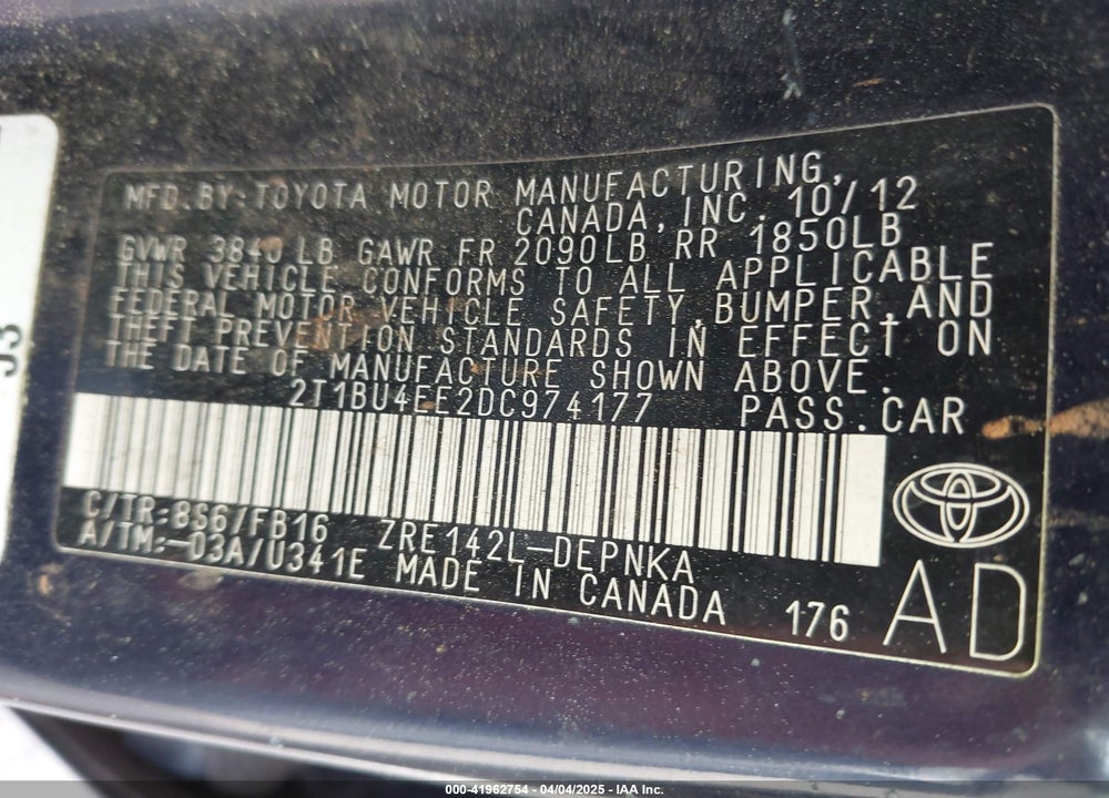 2013 TOYOTA COROLLA VIN: 2T1BU4EE2DC974177