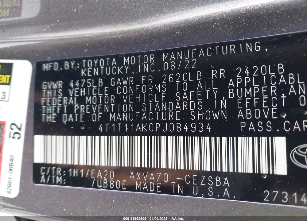 2023 TOYOTA CAMRY SE VIN: 4T1T11AK0PU084934