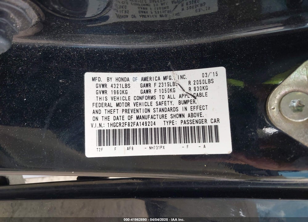 2015 HONDA ACCORD VIN: 1HGCR2F82FA149204