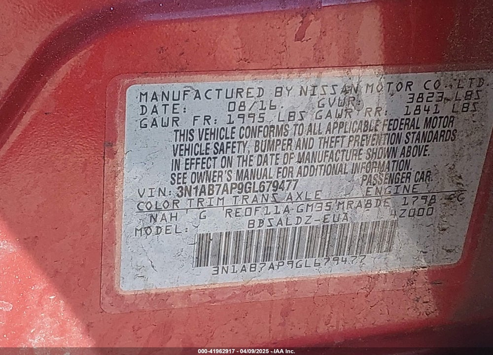 2016 NISSAN SENTRA VIN: 3N1AB7AP9GL679477