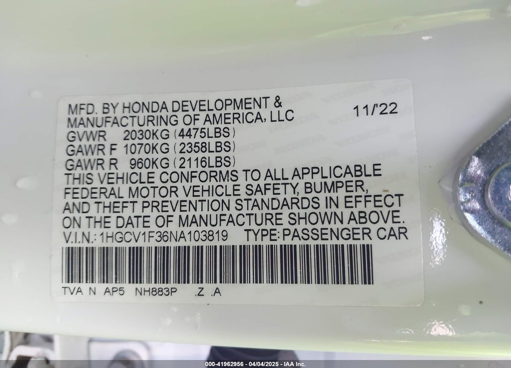 2022 HONDA ACCORD SPORT VIN: 1HGCV1F36NA103819