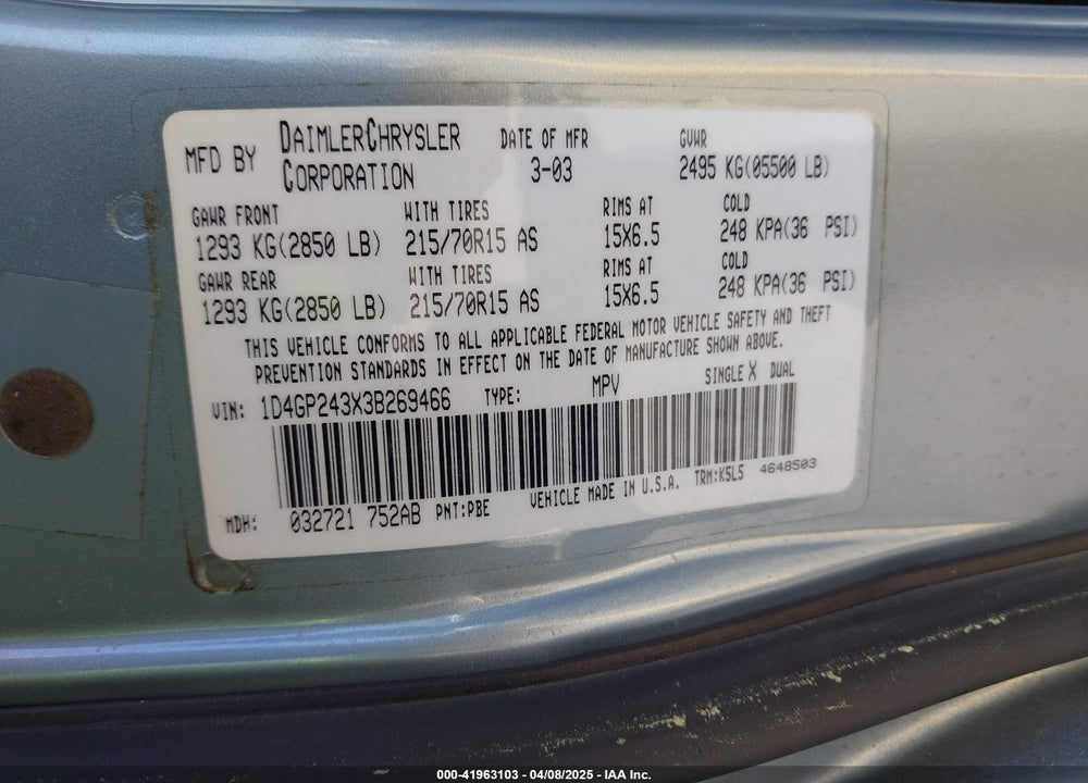 2003 DODGE GRAND CARAVAN SE VIN: 1D4GP243X3B269466