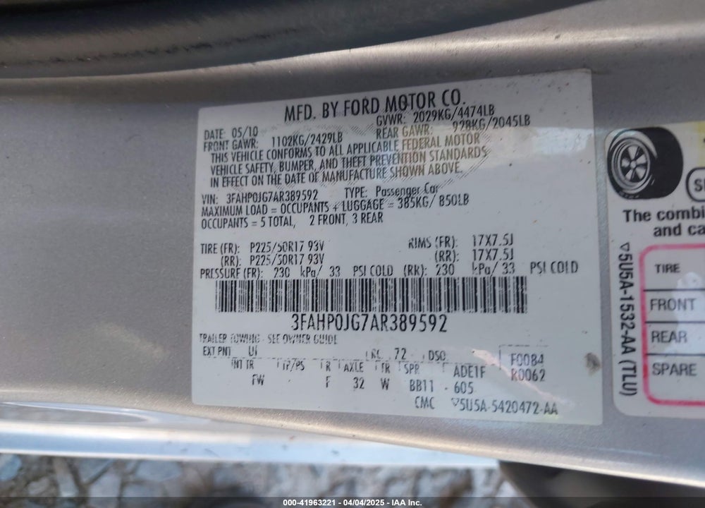 2010 FORD FUSION VIN: 3FAHP0JG7AR389592