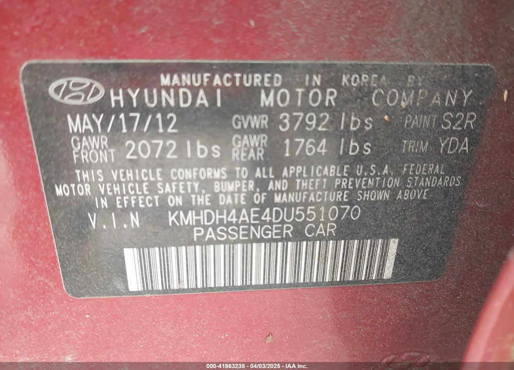 2013 HYUNDAI ELANTRA VIN: KMHDH4AE4DU551070