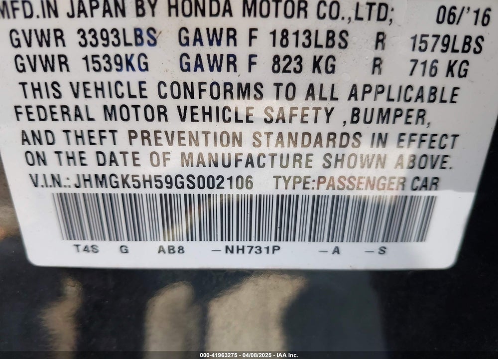 2016 HONDA FIT LX VIN: JHMGK5H59GS002106