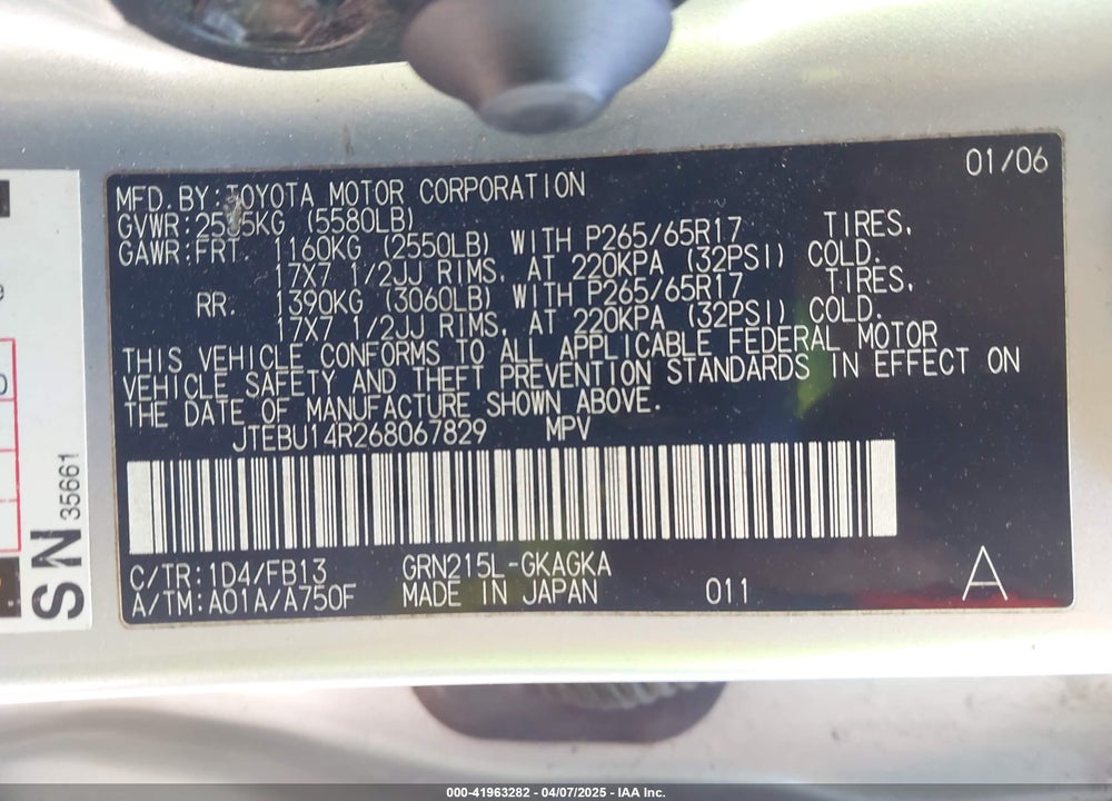2006 TOYOTA 4RUNNER SR5 SPORT V6 VIN: JTEBU14R268067829