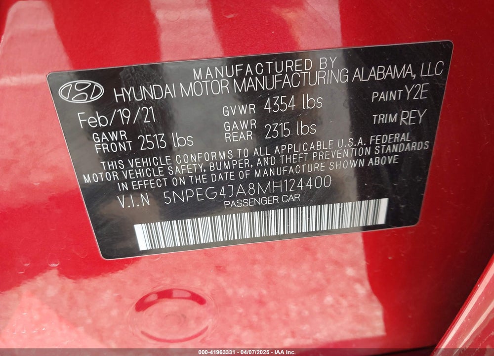 2021 HYUNDAI SONATA VIN: 5NPEG4JA8MH124400