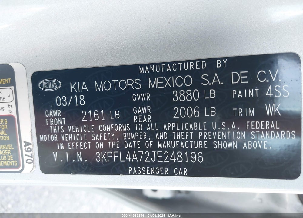 2018 KIA FORTE VIN: 3KPFL4A72JE248196
