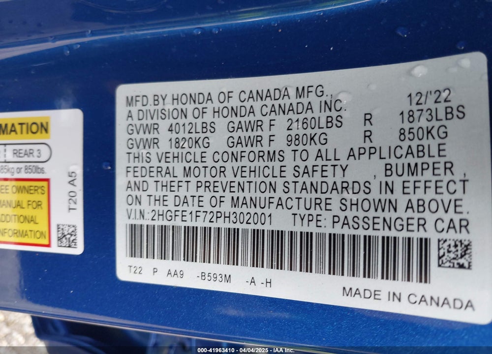 2023 HONDA CIVIC VIN: 2HGFE1F72PH302001