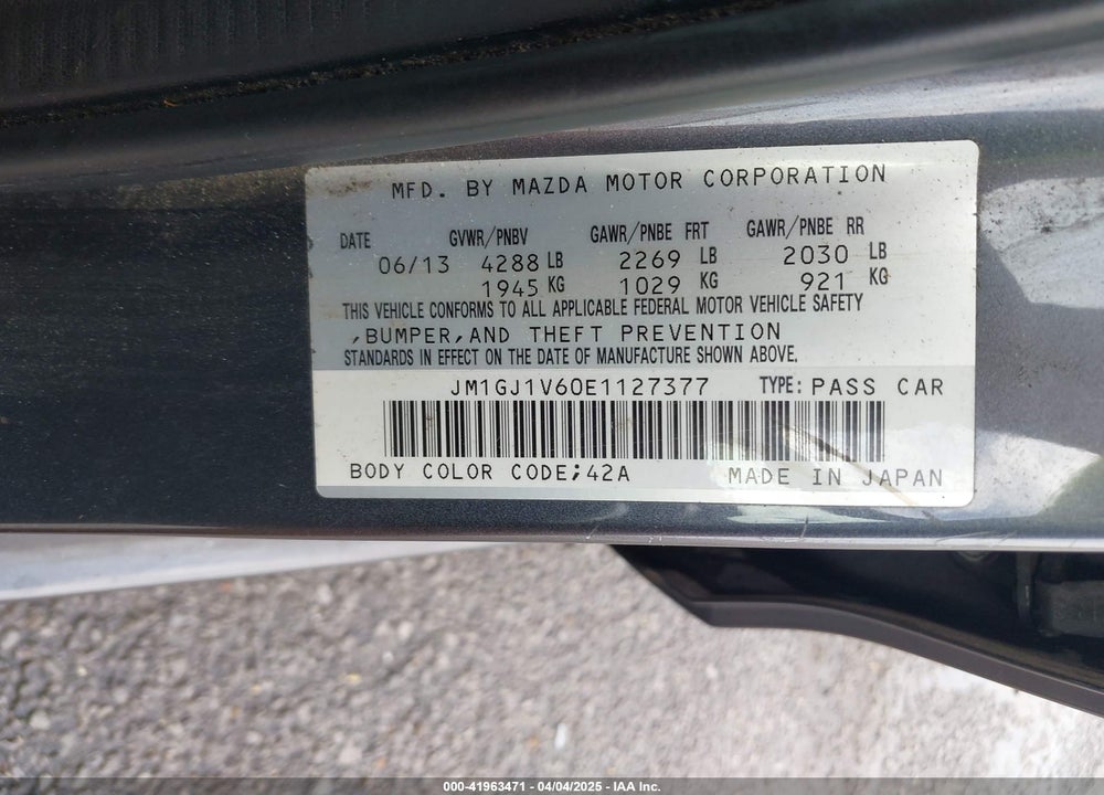 2014 MAZDA 6 VIN: JM1GJ1V60E1127377