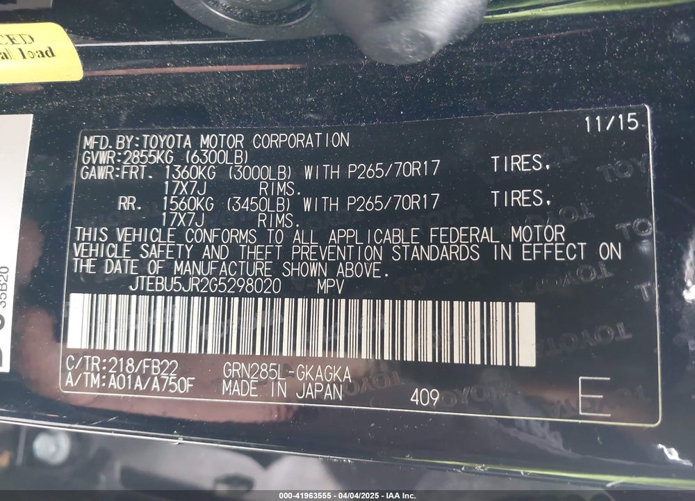 2016 TOYOTA 4RUNNER SR5 VIN: JTEBU5JR2G5298020