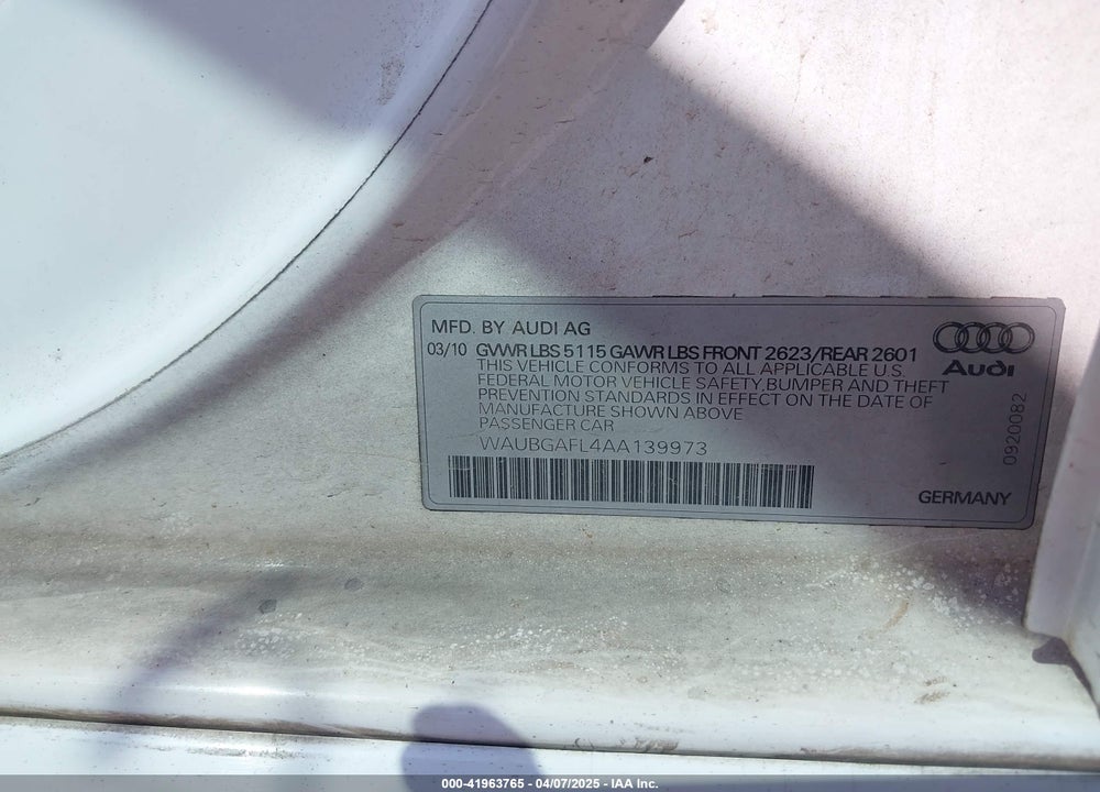 2010 AUDI S4 VIN: WAUBGAFL4AA139973