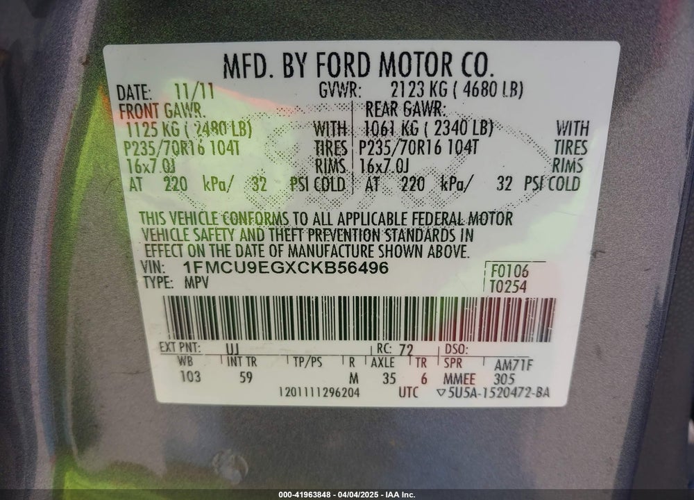 2012 FORD ESCAPE VIN: 1FMCU9EGXCKB56496