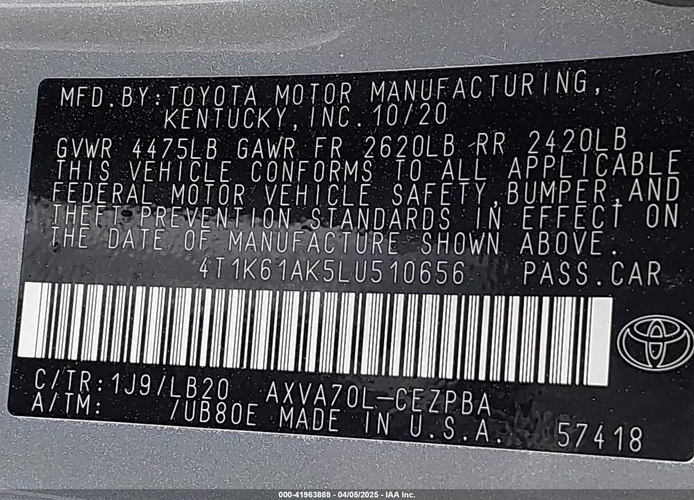 2020 TOYOTA CAMRY XSE VIN: 4T1K61AK5LU510656