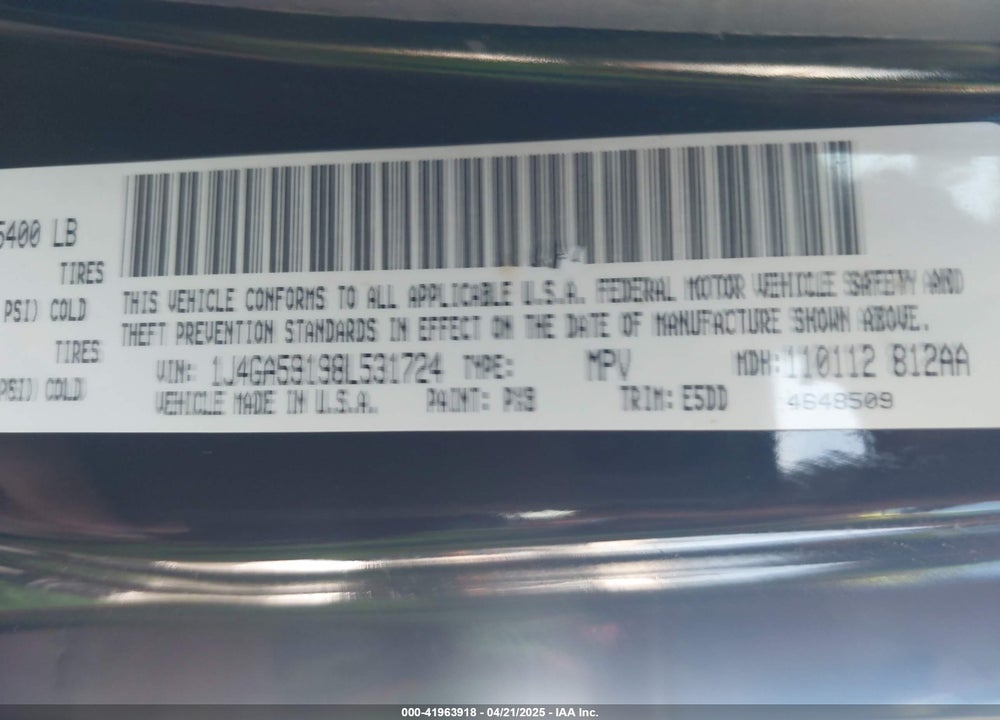 2008 JEEP WRANGLER UNLIMITED VIN: 1J4GA59198L531724