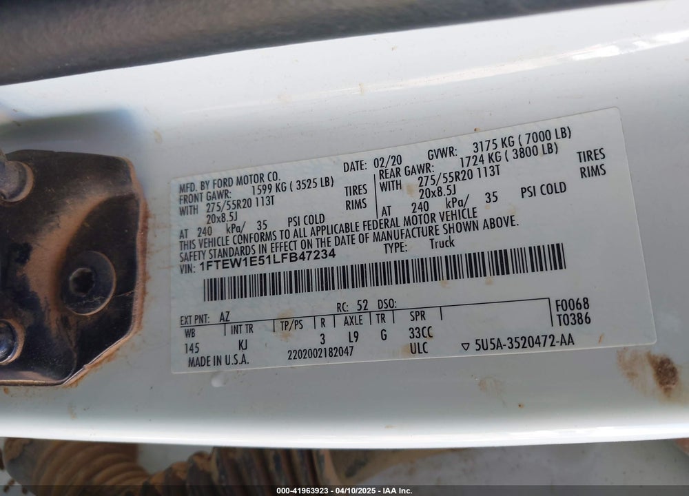 2020 FORD F-150 VIN: 1FTEW1E51LFB47234