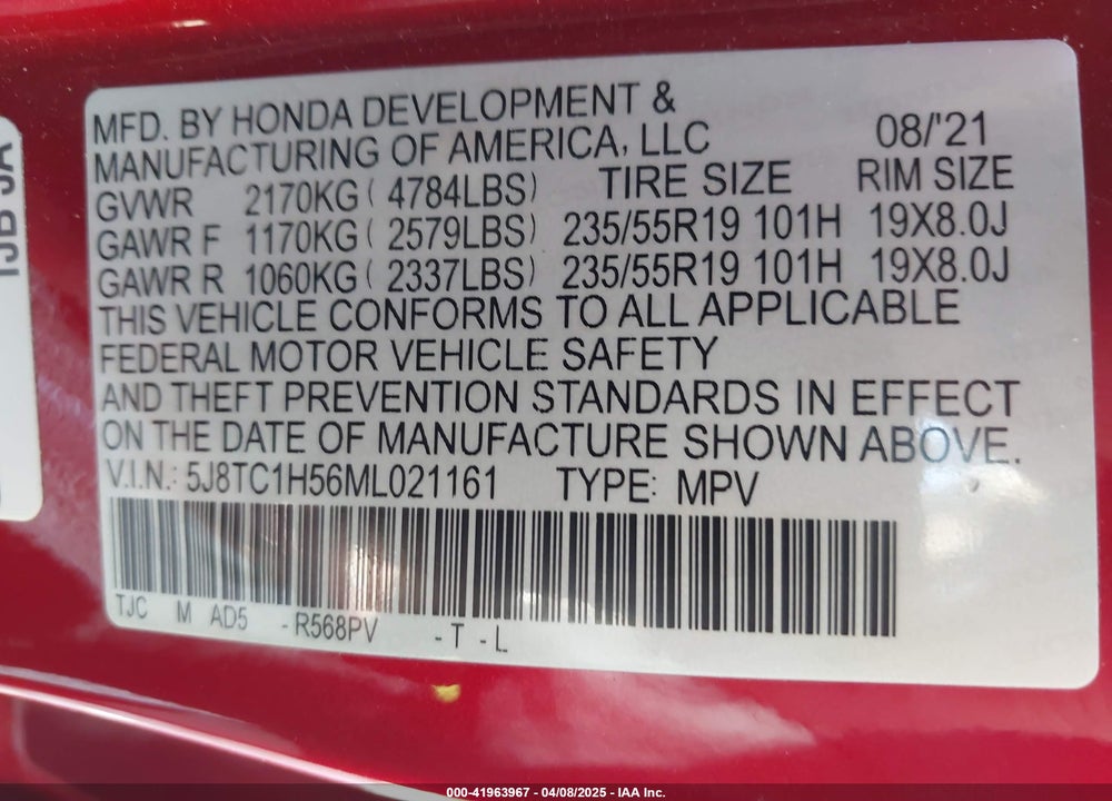 2021 ACURA RDX VIN: 5J8TC1H56ML021161