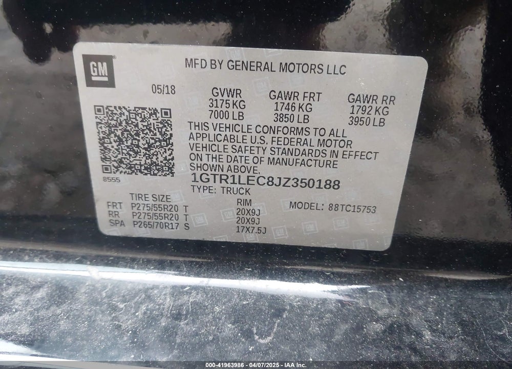 2018 GMC SIERRA 1500 VIN: 1GTR1LEC8JZ350188