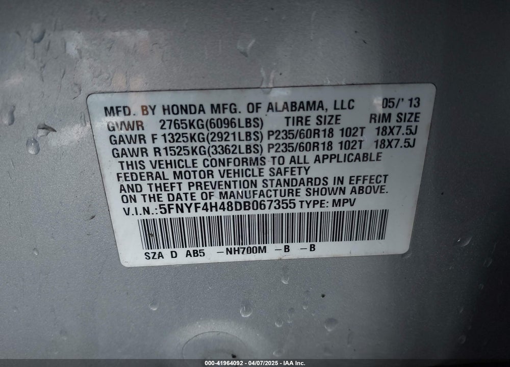 2013 HONDA PILOT VIN: 5FNYF4H48DB067355