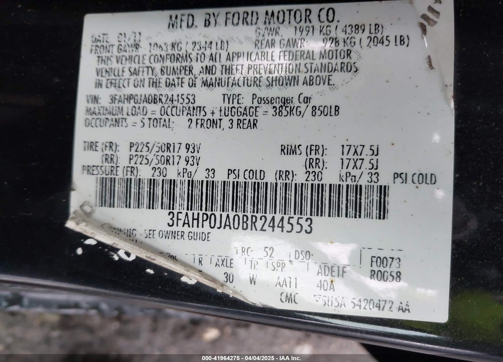 2011 FORD FUSION VIN: 3FAHP0JA0BR244553