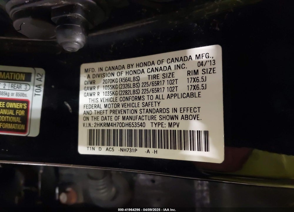 2013 HONDA CR-V EX-L VIN: 2HKRM4H70DH653540