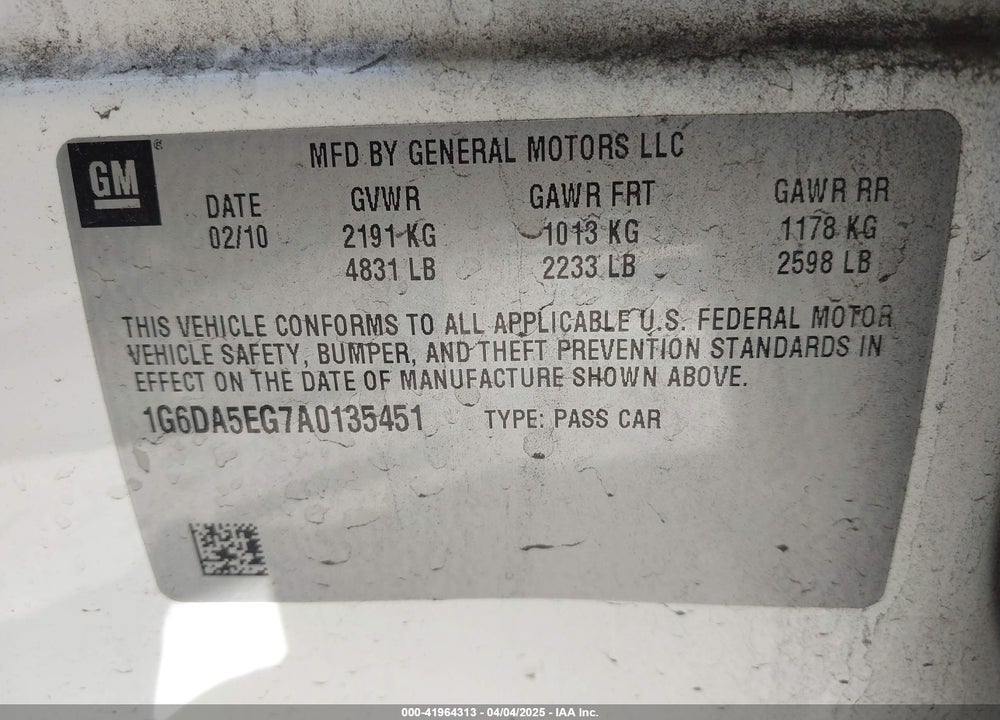 2010 CADILLAC CTS VIN: 1G6DA5EG7A0135451