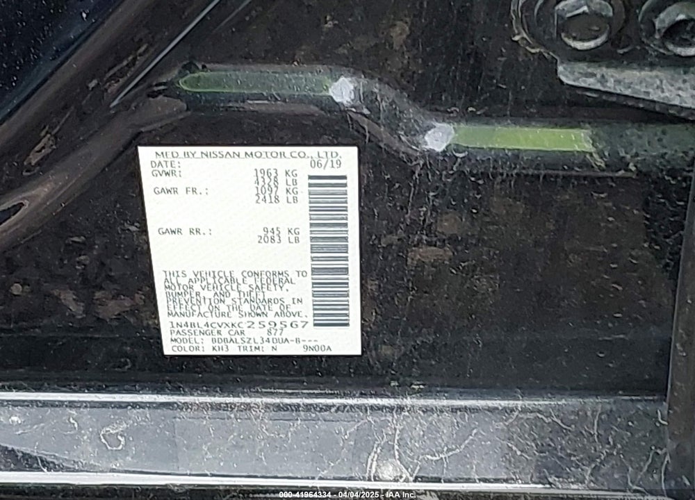 2019 NISSAN ALTIMA VIN: 1N4BL4CVXKC259567