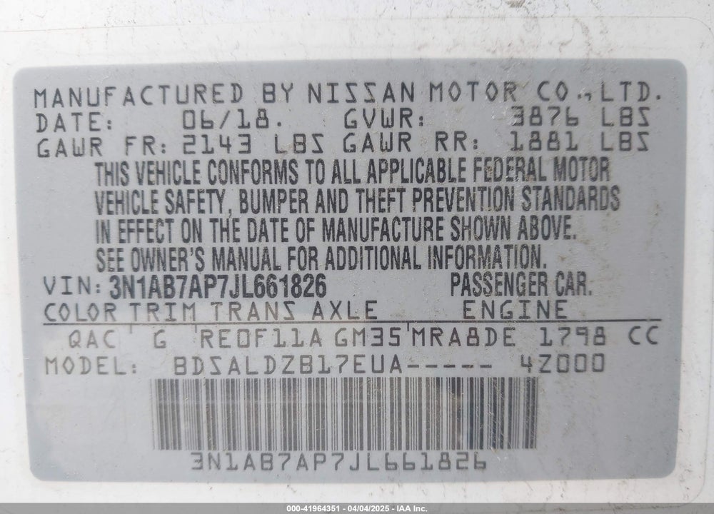 2018 NISSAN SENTRA SV VIN: 3N1AB7AP7JL661826
