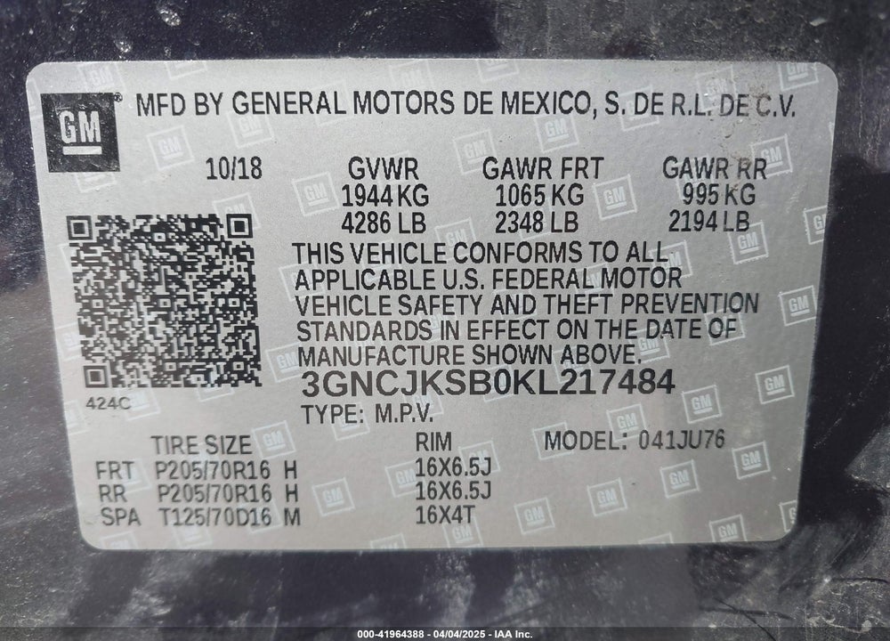 2019 CHEVROLET TRAX LS VIN: 3GNCJKSB0KL217484
