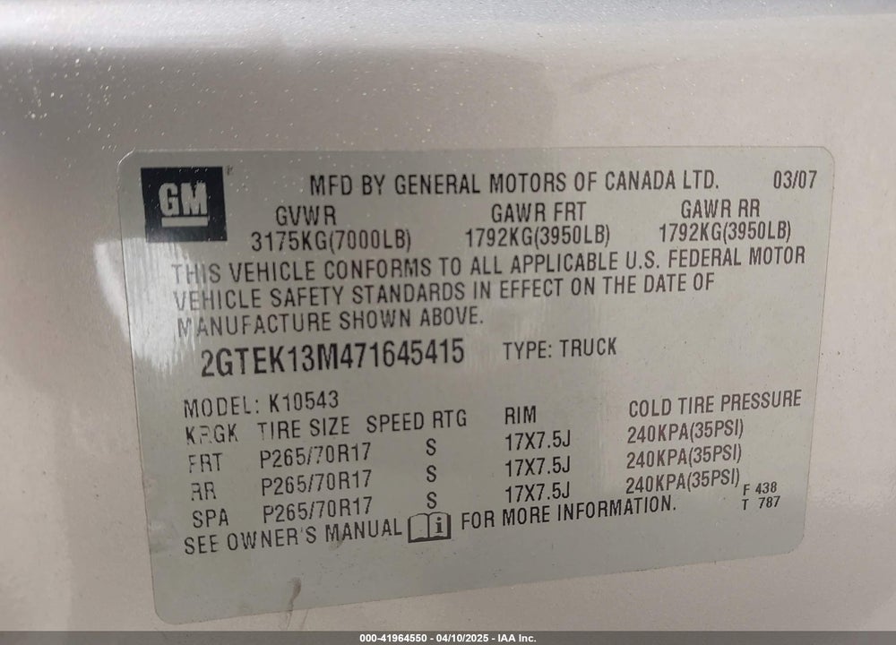 2007 GMC SIERRA 1500 VIN: 2GTEK13M471645415