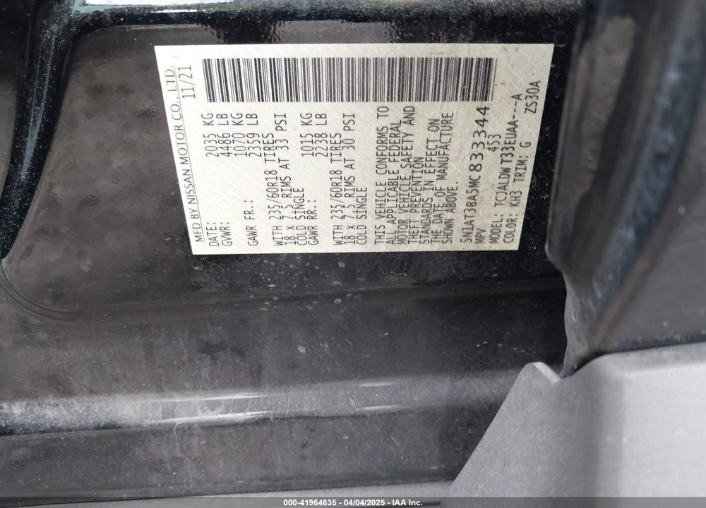 2021 NISSAN ROGUE SV FWD VIN: 5N1AT3BA5MC833344