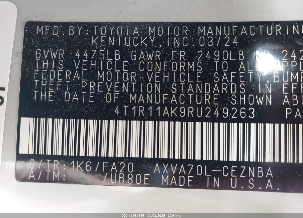 2024 TOYOTA CAMRY VIN: 4T1R11AK9RU249263