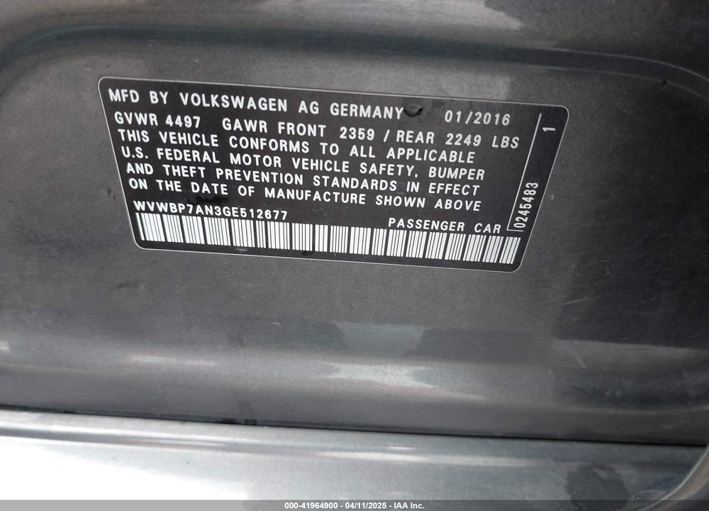 2016 VW CC TREND W/DIRECT SH VIN: WVWBP7AN3GE512677