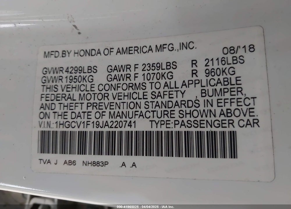 2018 HONDA ACCORD VIN: 1HGCV1F19JA220741