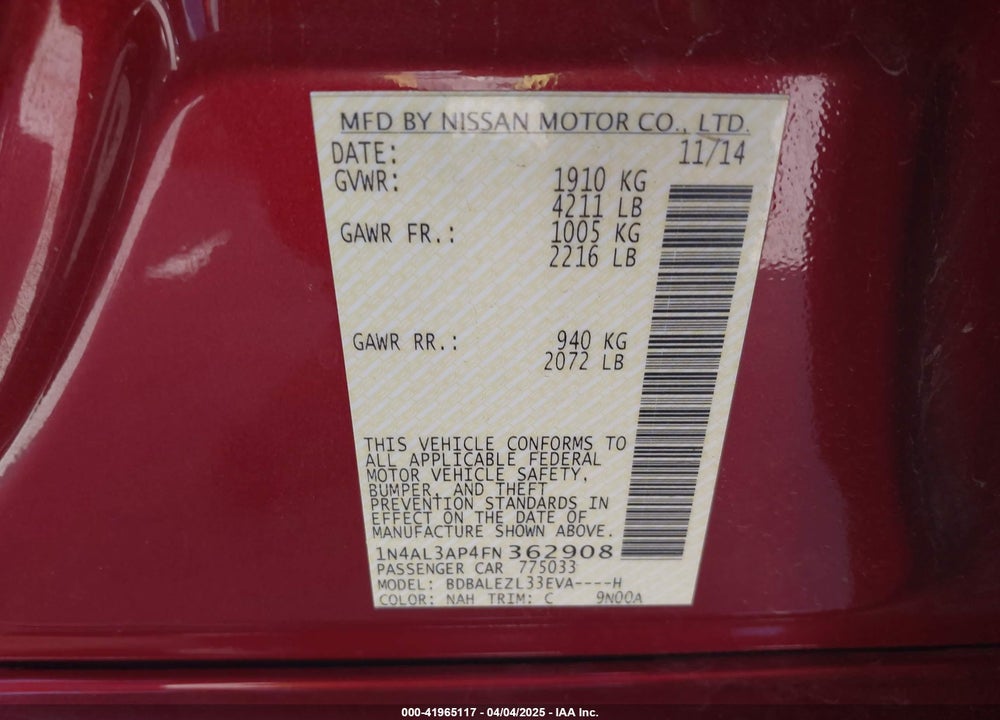 2015 NISSAN ALTIMA 2.5 S VIN: 1N4AL3AP4FN362908
