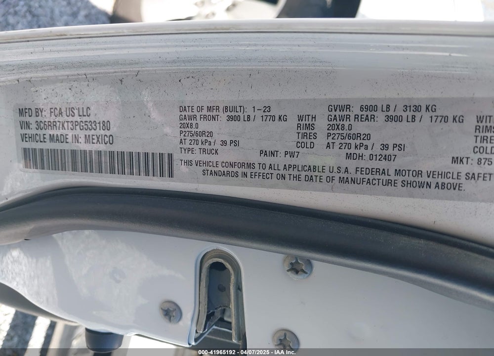 2023 RAM 1500 CLASSIC VIN: 3C6RR7KT3PG533180