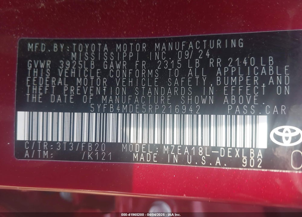 2024 TOYOTA COROLLA VIN: 5YFB4MDE5RP216942