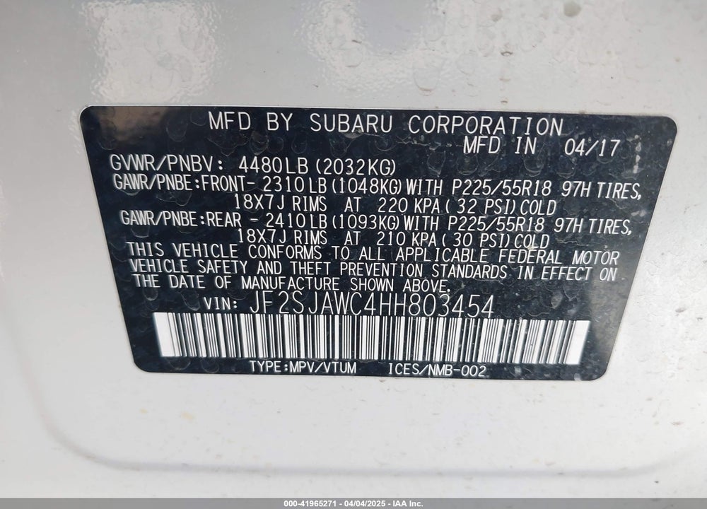 2017 SUBARU FORESTER VIN: JF2SJAWC4HH803454