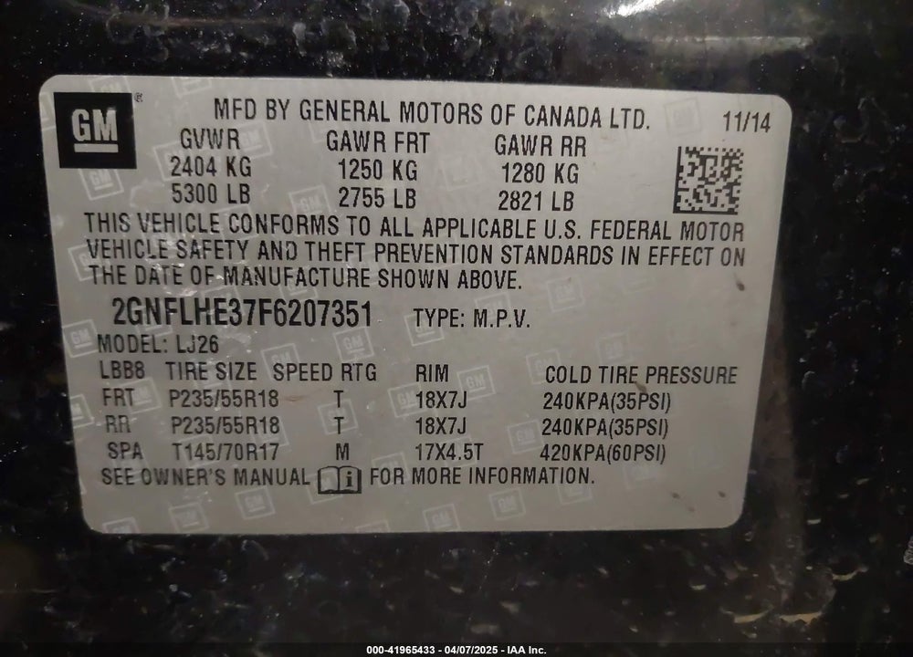 2015 CHEVROLET EQUINOX VIN: 2GNFLHE37F6207351